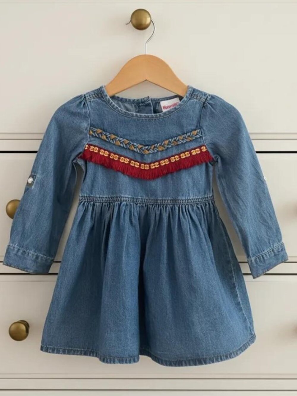Nannette 2T Lightweight Blue Denim Fringe Embroidered Dress